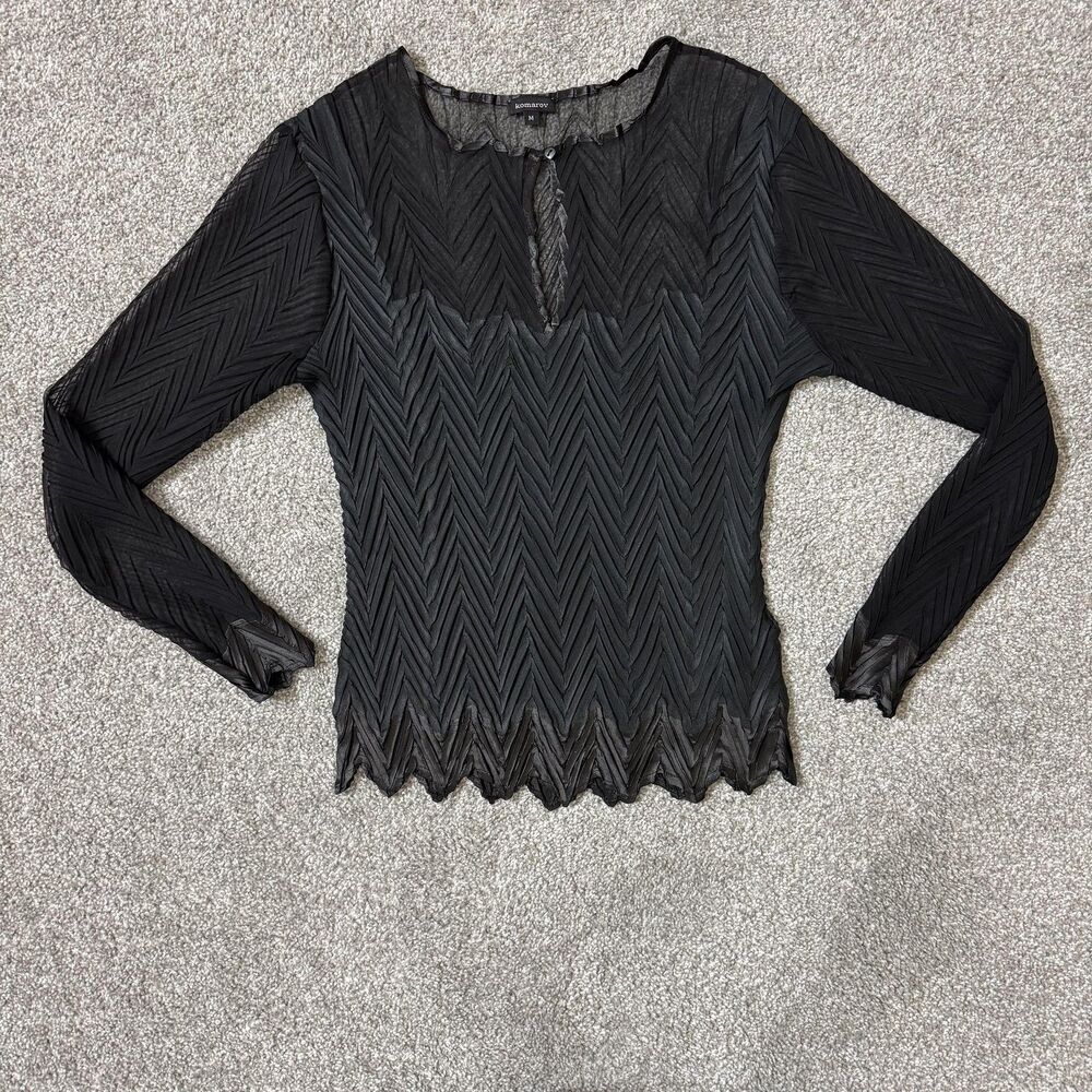 Komarov Shirt Womens Medium Black Sheer Chevron Pleated Long Sleeve Made USA